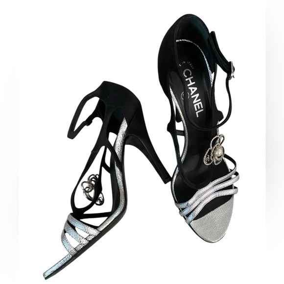 CHANEL Shoes - CHANEL Black and Silver Strappy Heels